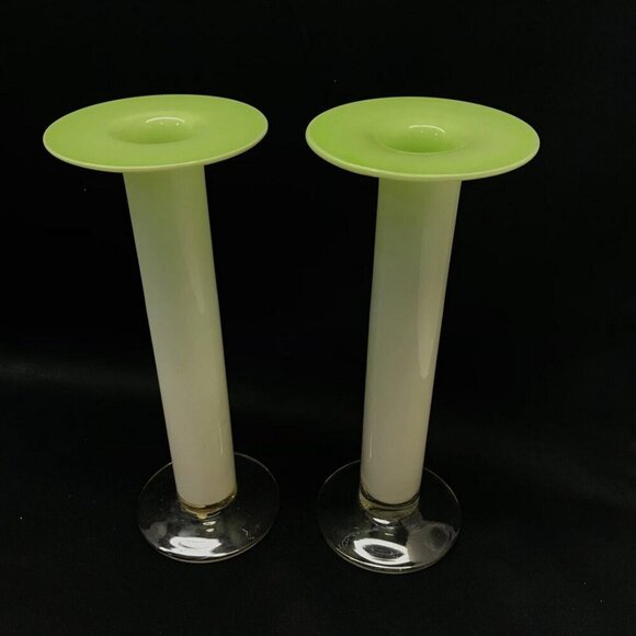 Vintage Gorgeous Designs Made in Japan White and Green Glass Candle Holders 10” - Picture 1 of 14